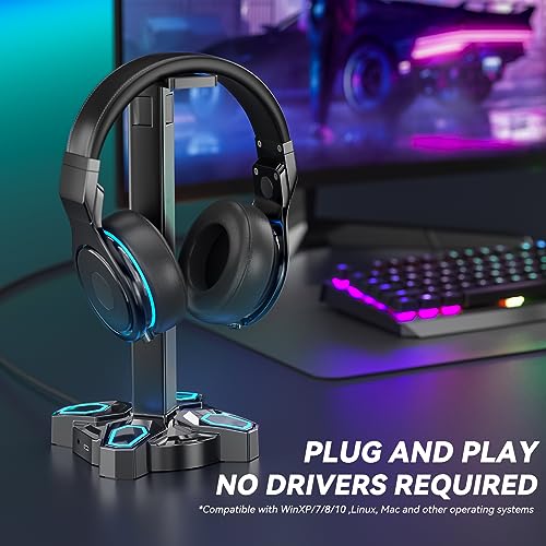 KDD Gaming Headset Halterung LED mit USB Typ-C Ladegeräten, Universal Kopfhörer Halter & Controller Halter mit 9 Lichtmodi, Drehbare Headset Ständer mit 3,5mm AUX für Alle Kopfhörer PS4 Xbox(Schwarz) Bild 2