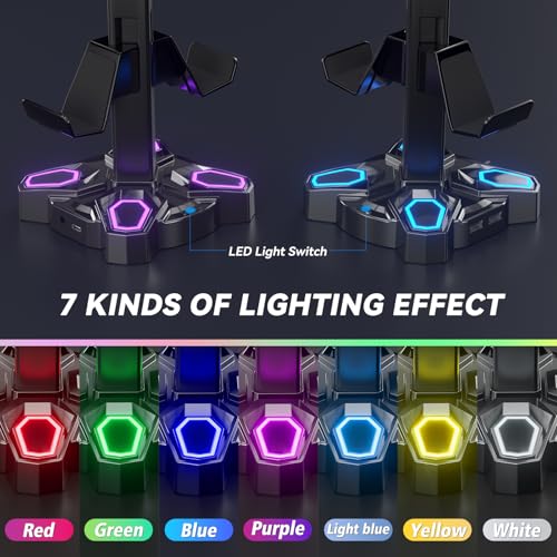 KDD Gaming Headset Halterung LED mit USB Typ-C Ladegeräten, Universal Kopfhörer Halter & Controller Halter mit 9 Lichtmodi, Drehbare Headset Ständer mit 3,5mm AUX für Alle Kopfhörer PS4 Xbox(Schwarz) Bild 3