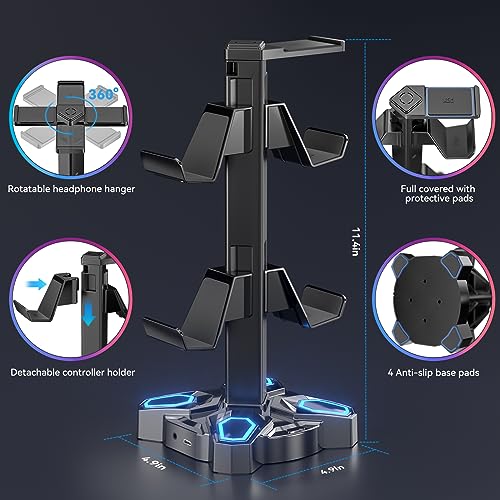 KDD Gaming Headset Halterung LED mit USB Typ-C Ladegeräten, Universal Kopfhörer Halter & Controller Halter mit 9 Lichtmodi, Drehbare Headset Ständer mit 3,5mm AUX für Alle Kopfhörer PS4 Xbox(Schwarz) Bild 4