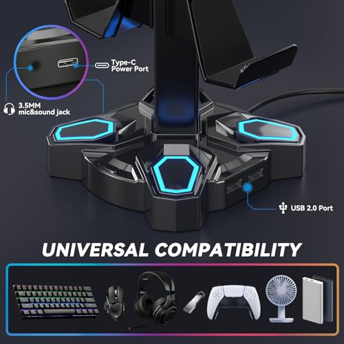 KDD Gaming Headset Halterung LED mit USB Typ-C Ladegeräten, Universal Kopfhörer Halter & Controller Halter mit 9 Lichtmodi, Drehbare Headset Ständer mit 3,5mm AUX für Alle Kopfhörer PS4 Xbox(Schwarz) Bild 5