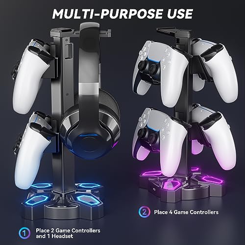 KDD Gaming Headset Halterung LED mit USB Typ-C Ladegeräten, Universal Kopfhörer Halter & Controller Halter mit 9 Lichtmodi, Drehbare Headset Ständer mit 3,5mm AUX für Alle Kopfhörer PS4 Xbox(Schwarz) Bild 6