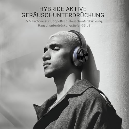 OneOdio A10 Bluetooth Kopfhörer Over Ear mit Hybrid Active Noise Cancelling [Bis zu 62 Std] Kabellos Kopfhörer im Hi-Res Audio, Tiefer Bass, Mikrofon für Reisen, Zuhause, Büro (Schwarz) Bild 2