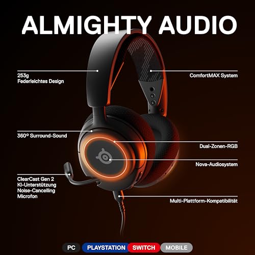 SteelSeries Arctis Nova 3 - Multi-System Gaming-Headset – Hi-Fi-Treiber – 360° Surround-Sound –RGB-Beleuchtung – Memory Foam-Ohrpolster – Ultraleicht – ClearCast Gen 2-Mikrofon – PC, PS5, PS4, Switch Bild 3