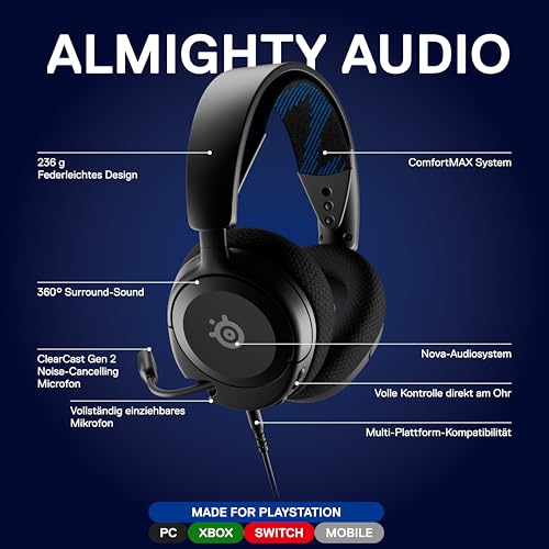 SteelSeries Arctis Nova 1P - Multi-System Gaming-Headset – Hi-Fi-Treiber – 360° Surround-Sound – Memory Foam-Ohrpolster – Mikrofon mit Geräuschunterdrückung – PS5, PS4, PC, Xbox - Schwarz Bild 2