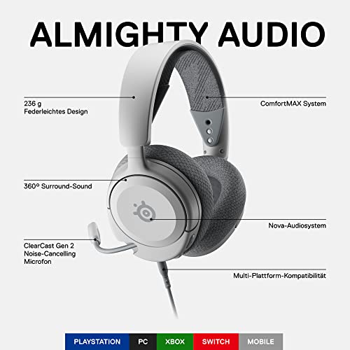 SteelSeries Arctis Nova 1P - Multi-System Gaming-Headset – Hi-Fi-Treiber – 360° Surround-Sound – Memory Foam-Ohrpolster – Mikrofon mit Geräuschunterdrückung – PS5, PS4, PC, Xbox - Weiß Bild 2