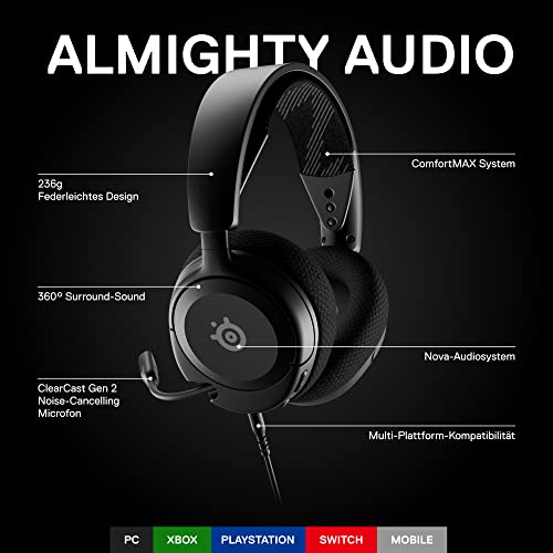 SteelSeries Arctis Nova 1 - Multi-System Gaming-Headset – Hi-Fi-Treiber – 360° Surround-Sound – AirWeave Memory Foam-Ohrpolster – Mikrofon mit Geräuschunterdrückung – PC, PS5, Xbox -Schwarz Bild 3