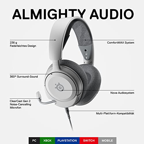 SteelSeries Arctis Nova 1 - Multi-System Gaming-Headset – Hi-Fi-Treiber – 360° Surround-Sound – AirWeave Memory Foam-Ohrpolster – Mikrofon mit Geräuschunterdrückung –PC, PS5, Xbox -Weiß Bild 3
