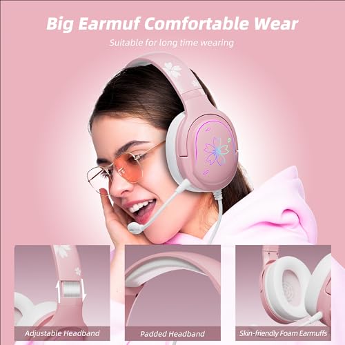 Mytrix Sakura Pink Cherry Blossoms Gaming-Headset, 360° drehbares Mikrofon, weicher Ohrenschützer-Kopfhörer für PS4, PS5, Xbox, PC & MAC, Schalter, RGB-Farbverlauf-Lichteffekt Bild 3