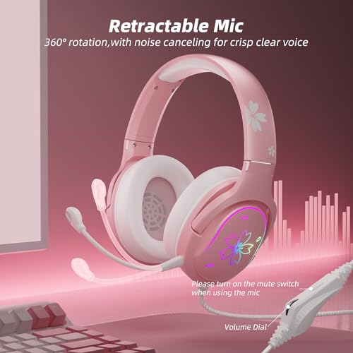 Mytrix Sakura Pink Cherry Blossoms Gaming-Headset, 360° drehbares Mikrofon, weicher Ohrenschützer-Kopfhörer für PS4, PS5, Xbox, PC & MAC, Schalter, RGB-Farbverlauf-Lichteffekt Bild 4