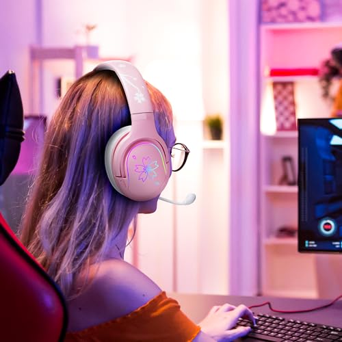 Mytrix Sakura Pink Cherry Blossoms Gaming-Headset, 360° drehbares Mikrofon, weicher Ohrenschützer-Kopfhörer für PS4, PS5, Xbox, PC & MAC, Schalter, RGB-Farbverlauf-Lichteffekt Bild 6
