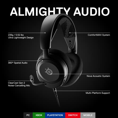 SteelSeries Arctis Nova 1 Multi-System-Gaming-Headset – HiFi-Treiber – 360° räumliches Audio – Komfortdesign – langlebig – Ultraleicht – Mikrofon mit Geräuschunterdrückung – PC, PS5/PS4, Switch, Xbox Bild 2