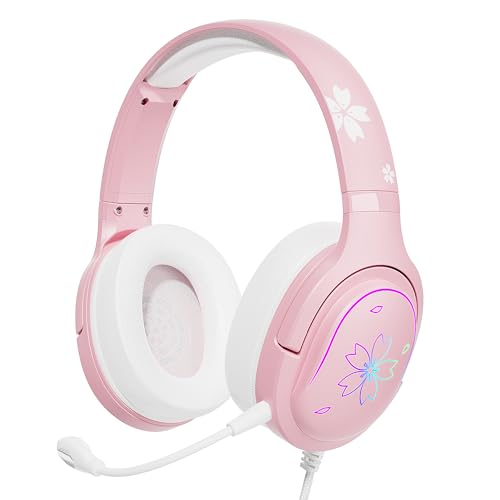 Mytrix Rosa Sakura Gaming Headset mit RGB-Optik, Over Ear Kopfhörer mit Mikrofon und Kabel für PC, ipad, Handy und Spielkonsole, komme mit Lautstärkeregler, Leicht Bild 1
