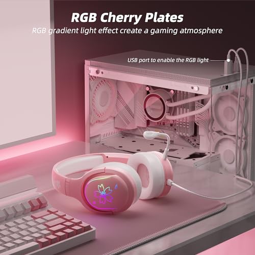 Mytrix Rosa Sakura Gaming Headset mit RGB-Optik, Over Ear Kopfhörer mit Mikrofon und Kabel für PC, ipad, Handy und Spielkonsole, komme mit Lautstärkeregler, Leicht Bild 2