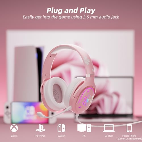Mytrix Rosa Sakura Gaming Headset mit RGB-Optik, Over Ear Kopfhörer mit Mikrofon und Kabel für PC, ipad, Handy und Spielkonsole, komme mit Lautstärkeregler, Leicht Bild 4