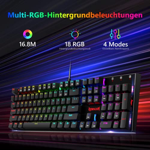Redragon Mechanische Gaming Tastatur, QWERTZ Tastatur (Deutsches Layout) mit Rote Schalter f¨¹r PC Gamer Arbeits, 105 Tasten Programmierbare Kabelgebundene Tastatur, Stahlgeh?use, RGB Beleuchtung Bild 2