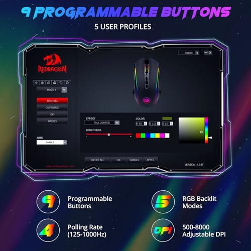 Redragon Gaming Maus, Gaming Mouse mit RGB und Einstellbar 8000 DPI, Maus mit 9 programmierbare Tasten und Feuertaste, RGB Gaming Maus mit ergonomisches Design f¨¹r MMO/FPS/PC/Windows/Mac, M910-K Bild 6
