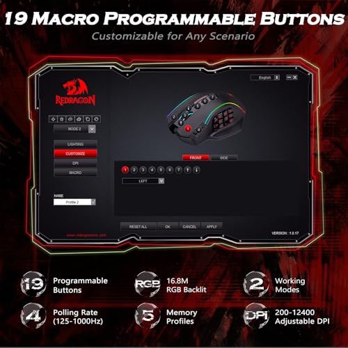 Redragon Optische RGB MMO Maus mit 12 Seitentasten,kabelgebundene Gaming Maus mit 12400DPI,8 * 2.4g Gewicht Tuning,19 programmierbare Tasten for PC Laptop,M901K Bild 3
