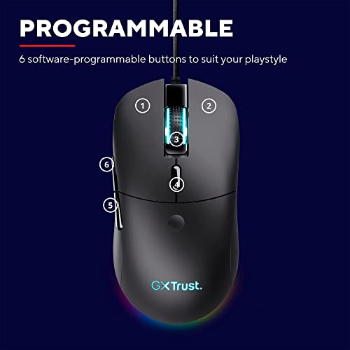 Trust Gaming GXT 981 Redex Federleichte Gaming-Maus, 200-10.000 DPI, 80-Mill-Kailh-Schaltern, Optischer Sensor, RGB-Maus, 6 Programmierbare Tasten, PC-Maus für Laptop, Computer, Windows – Schwarz Bild 6