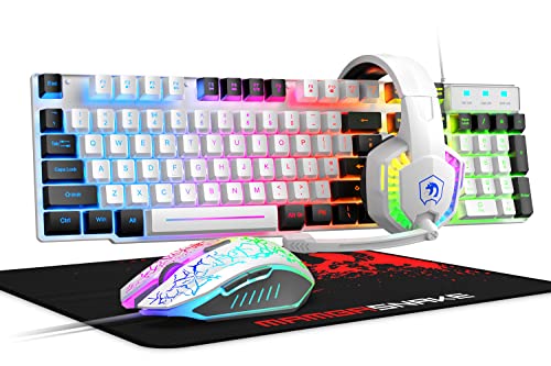 Kabelgebundene Gaming-Tastatur, Maus und Mauspad und Gaming-Headset, Regenbogen-LED-Hintergrundbeleuchtung, Over-Ear-Kopfhörer mit Mikrofon, Mauspad, für PC-Gamer und Xbox und PS4 (weiß/schwarz) Bild 1