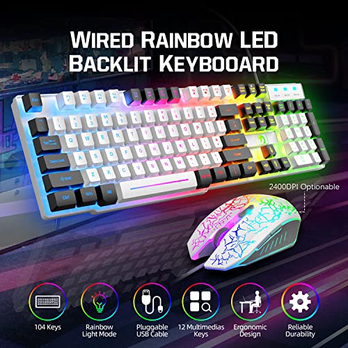 Kabelgebundene Gaming-Tastatur, Maus und Mauspad und Gaming-Headset, Regenbogen-LED-Hintergrundbeleuchtung, Over-Ear-Kopfhörer mit Mikrofon, Mauspad, für PC-Gamer und Xbox und PS4 (weiß/schwarz) Bild 2