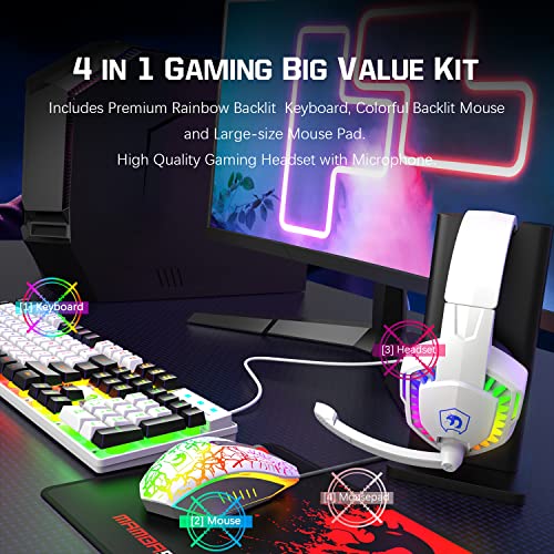 Kabelgebundene Gaming-Tastatur, Maus und Mauspad und Gaming-Headset, Regenbogen-LED-Hintergrundbeleuchtung, Over-Ear-Kopfhörer mit Mikrofon, Mauspad, für PC-Gamer und Xbox und PS4 (weiß/schwarz) Bild 3