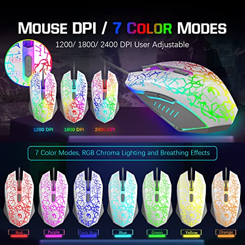 Kabelgebundene Gaming-Tastatur, Maus und Mauspad und Gaming-Headset, Regenbogen-LED-Hintergrundbeleuchtung, Over-Ear-Kopfhörer mit Mikrofon, Mauspad, für PC-Gamer und Xbox und PS4 (weiß/schwarz) Bild 4