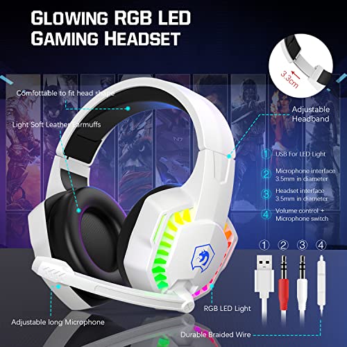 Kabelgebundene Gaming-Tastatur, Maus und Mauspad und Gaming-Headset, Regenbogen-LED-Hintergrundbeleuchtung, Over-Ear-Kopfhörer mit Mikrofon, Mauspad, für PC-Gamer und Xbox und PS4 (weiß/schwarz) Bild 5