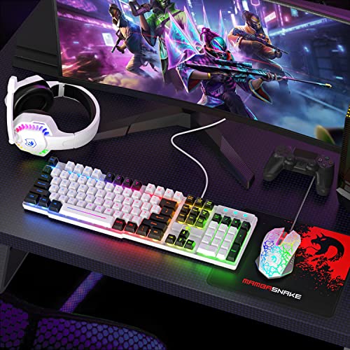 Kabelgebundene Gaming-Tastatur, Maus und Mauspad und Gaming-Headset, Regenbogen-LED-Hintergrundbeleuchtung, Over-Ear-Kopfhörer mit Mikrofon, Mauspad, für PC-Gamer und Xbox und PS4 (weiß/schwarz) Bild 7