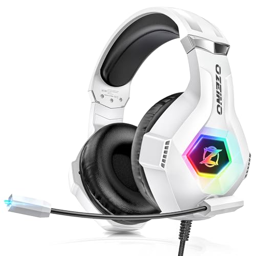 Ozeino Gaming-Headset für PS5, PC, PS4, RGB in 7 Farben, 50-mm-Treiber, Stereo, Bass, Mikrofon mit Geräuschunterdrückung, verstellbar, kompatibel mit Switch, Xbox Series X und S, Weiß Bild 1