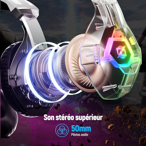 Ozeino Gaming-Headset für PS5, PC, PS4, RGB in 7 Farben, 50-mm-Treiber, Stereo, Bass, Mikrofon mit Geräuschunterdrückung, verstellbar, kompatibel mit Switch, Xbox Series X und S, Weiß Bild 2