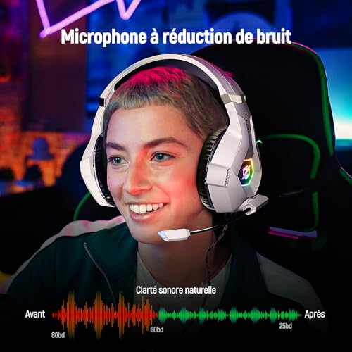 Ozeino Gaming-Headset für PS5, PC, PS4, RGB in 7 Farben, 50-mm-Treiber, Stereo, Bass, Mikrofon mit Geräuschunterdrückung, verstellbar, kompatibel mit Switch, Xbox Series X und S, Weiß Bild 3