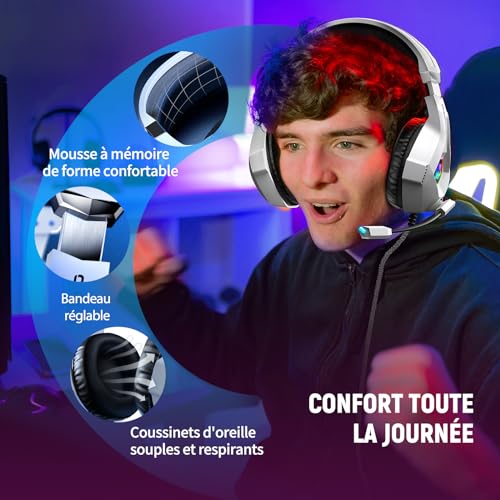 Ozeino Gaming-Headset für PS5, PC, PS4, RGB in 7 Farben, 50-mm-Treiber, Stereo, Bass, Mikrofon mit Geräuschunterdrückung, verstellbar, kompatibel mit Switch, Xbox Series X und S, Weiß Bild 4