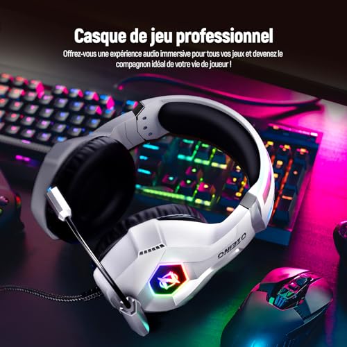 Ozeino Gaming-Headset für PS5, PC, PS4, RGB in 7 Farben, 50-mm-Treiber, Stereo, Bass, Mikrofon mit Geräuschunterdrückung, verstellbar, kompatibel mit Switch, Xbox Series X und S, Weiß Bild 5