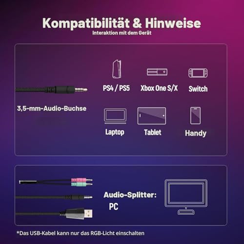 Ozeino Gaming-Headset für PS5, PC, PS4, RGB in 7 Farben, 50-mm-Treiber, Stereo, Bass, Mikrofon mit Geräuschunterdrückung, verstellbar, kompatibel mit Switch, Xbox Series X und S, Weiß Bild 6