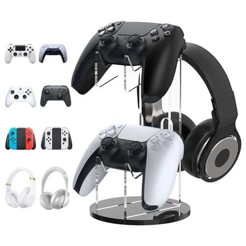 MoKo Game Controller Halter/Headset Ständer, 2 In 1 Acryl Universalhalterung für Switch/Switch 2 PS4 PS5 Xbox One Xbox Series Halterung Gaming Zubehör, Controller Kopfhörer Halterung, Schwarz&Klar Bild 1