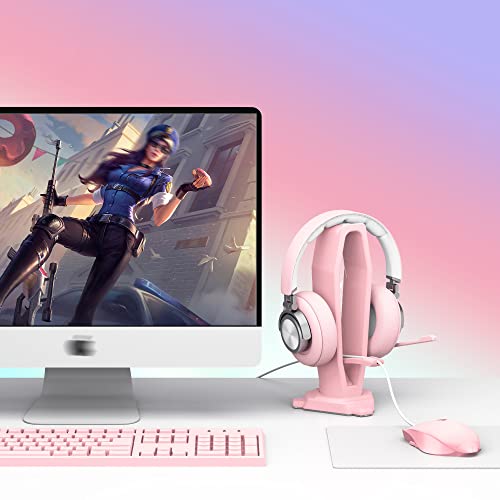 KIWIFOTOS 2-in-1 Kopfhörerständer für Mädchen, PC Gaming Headset Halter Kopfhörer Stand mit Maus Bungee, Desktop Kopfhörer Hänger, Gaming Zubehör- Rosa Bild 2