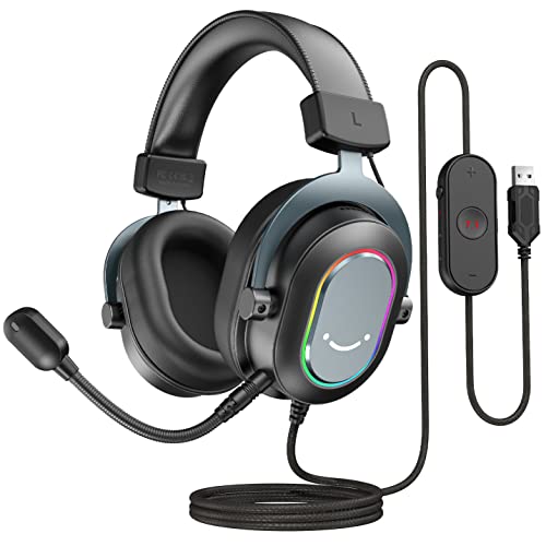 FIFINE Gaming Headset mit Mikrofon, Over Ear Kopfhörer mit Kabel, USB Headset für PC PS4 PS5, RGB Headphone mit 3 EQ-Modi, Surround Sound und Ohrpolster Bild 1