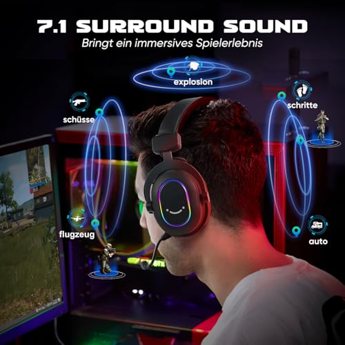FIFINE Gaming Headset mit Mikrofon, Over Ear Kopfhörer mit Kabel, USB Headset für PC PS4 PS5, RGB Headphone mit 3 EQ-Modi, Surround Sound und Ohrpolster Bild 2