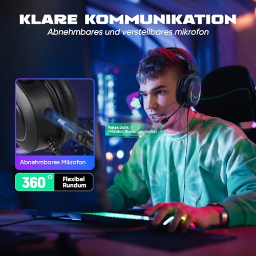 FIFINE Gaming Headset mit Mikrofon, Over Ear Kopfhörer mit Kabel, USB Headset für PC PS4 PS5, RGB Headphone mit 3 EQ-Modi, Surround Sound und Ohrpolster Bild 3