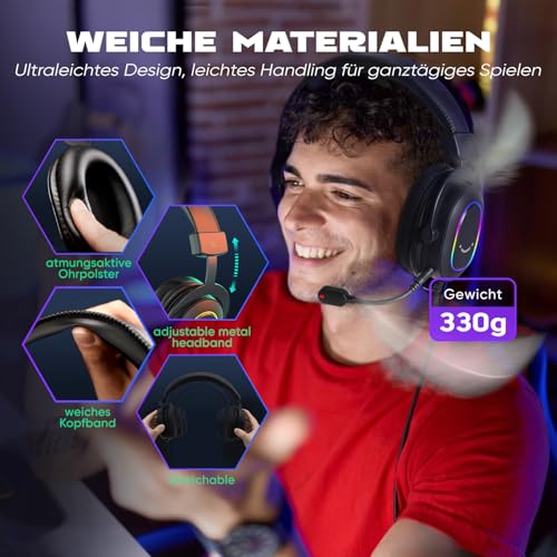 FIFINE Gaming Headset mit Mikrofon, Over Ear Kopfhörer mit Kabel, USB Headset für PC PS4 PS5, RGB Headphone mit 3 EQ-Modi, Surround Sound und Ohrpolster Bild 4