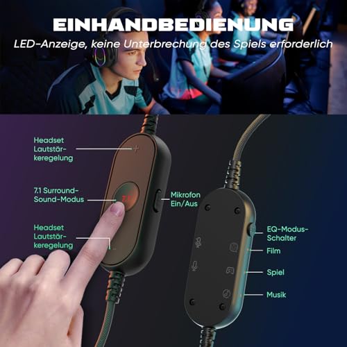 FIFINE Gaming Headset mit Mikrofon, Over Ear Kopfhörer mit Kabel, USB Headset für PC PS4 PS5, RGB Headphone mit 3 EQ-Modi, Surround Sound und Ohrpolster Bild 5