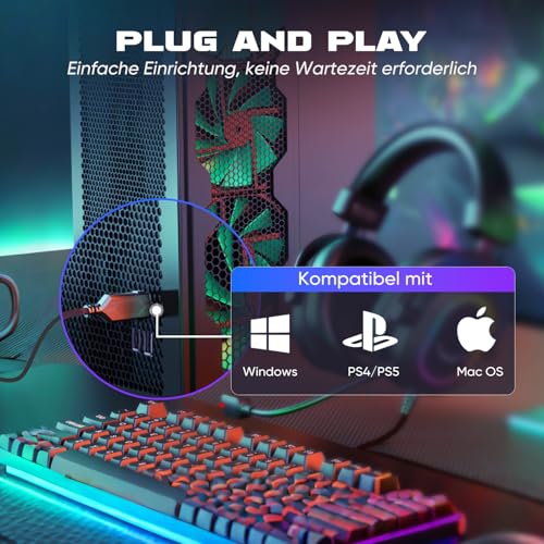 FIFINE Gaming Headset mit Mikrofon, Over Ear Kopfhörer mit Kabel, USB Headset für PC PS4 PS5, RGB Headphone mit 3 EQ-Modi, Surround Sound und Ohrpolster Bild 6