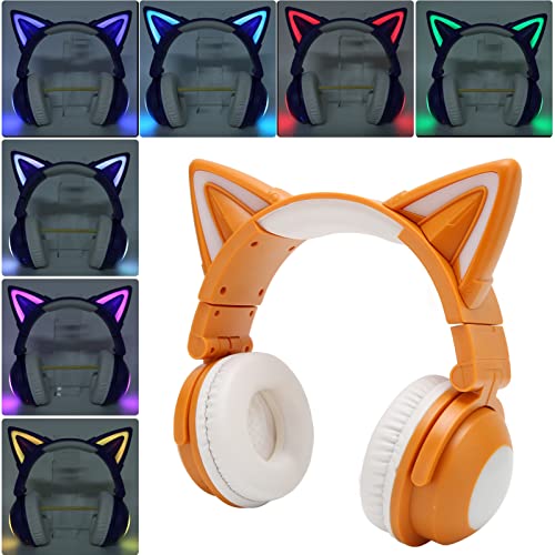 Yunseity Bluetooth-Headset mit Katzenohren, Kabelloser Faltbarer Kopfhörer mit 7 LED-Lichteffekten, Süßes Over-Ear-Gaming-Headset mit Eingebautem Mikrofon für Smartphones, Tablets, PCs, Laptops(Gelb) Bild 2