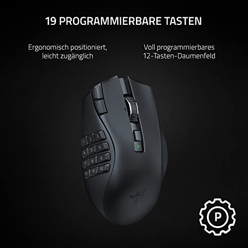 Razer Naga V2 HyperSpeed - Ergonomische Kabellose MMO Gaming Maus (19 Programmierbaren Tasten, Wireless 2,4 GHz, Bluetooth, Bis zu 250 Stunden, Focus Pro 30K Optischer Sensor) Schwarz Bild 2