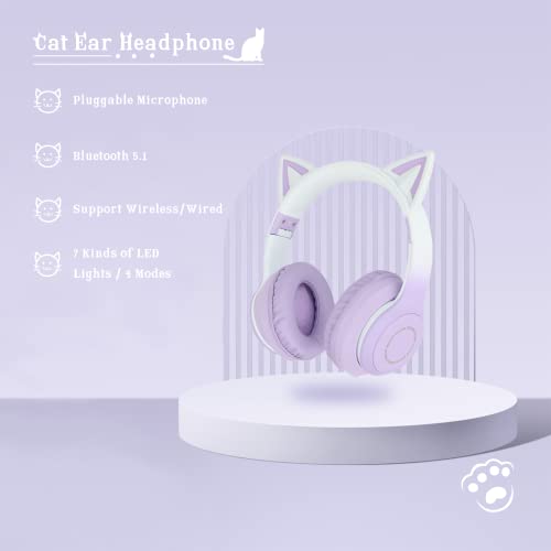 Gugxiom Cat-Ear-Kopfhörer, Kabellose Gaming-Headsets über Bluetooth 5.1/3,5 Mm AUX-Kabel, Faltbare Kopfhörer mit 7-farbigen LED-Leuchten und 4 LED-Modi für Mädchen(Violett) Bild 2