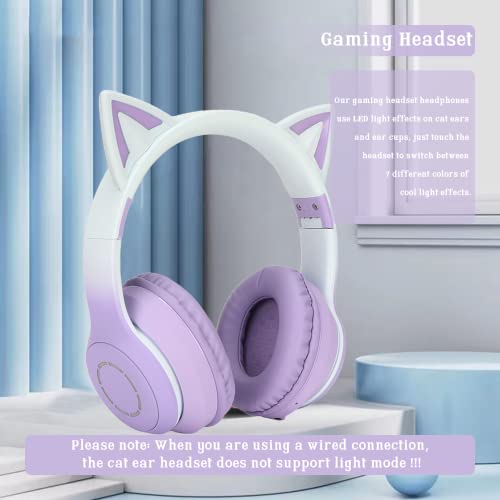 Gugxiom Cat-Ear-Kopfhörer, Kabellose Gaming-Headsets über Bluetooth 5.1/3,5 Mm AUX-Kabel, Faltbare Kopfhörer mit 7-farbigen LED-Leuchten und 4 LED-Modi für Mädchen(Violett) Bild 3