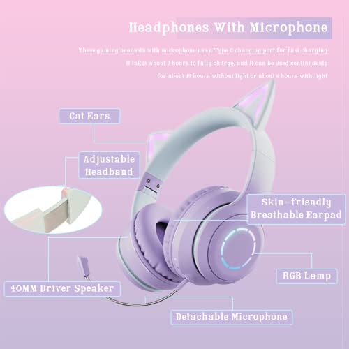 Gugxiom Cat-Ear-Kopfhörer, Kabellose Gaming-Headsets über Bluetooth 5.1/3,5 Mm AUX-Kabel, Faltbare Kopfhörer mit 7-farbigen LED-Leuchten und 4 LED-Modi für Mädchen(Violett) Bild 4