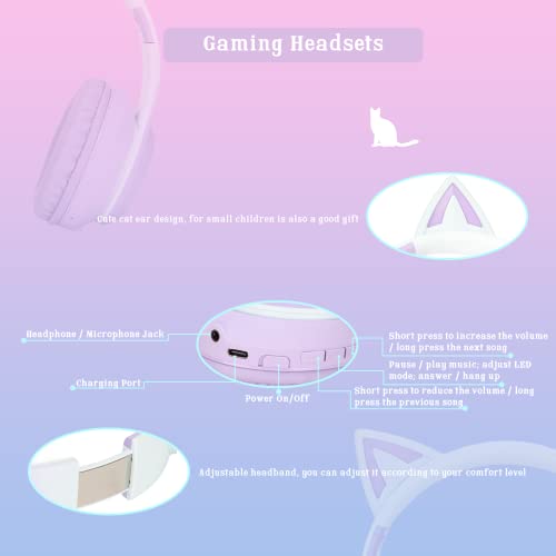 Gugxiom Cat-Ear-Kopfhörer, Kabellose Gaming-Headsets über Bluetooth 5.1/3,5 Mm AUX-Kabel, Faltbare Kopfhörer mit 7-farbigen LED-Leuchten und 4 LED-Modi für Mädchen(Violett) Bild 5