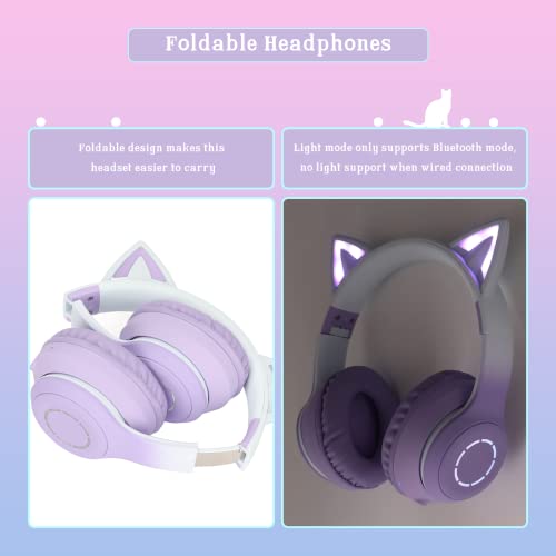 Gugxiom Cat-Ear-Kopfhörer, Kabellose Gaming-Headsets über Bluetooth 5.1/3,5 Mm AUX-Kabel, Faltbare Kopfhörer mit 7-farbigen LED-Leuchten und 4 LED-Modi für Mädchen(Violett) Bild 6