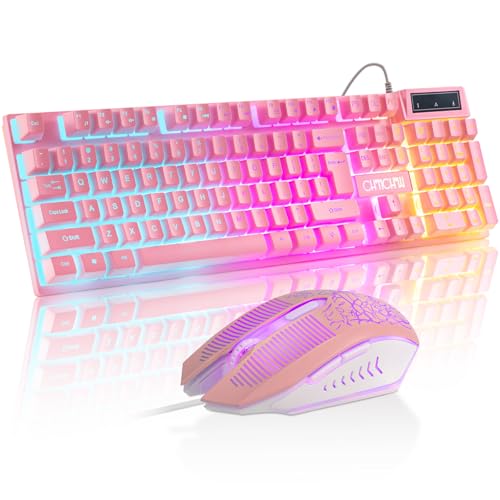 Rosa Gaming-Tastatur und Maus-Kombination, beleuchtete Membran, USB kabelgebundene Gaming-Maus mit RGB-Hintergrundbeleuchtung für Windows/PC/Laptop/MAC/Xbox, Kawaii-Geschenk für Mädchen-Rosa Bild 1